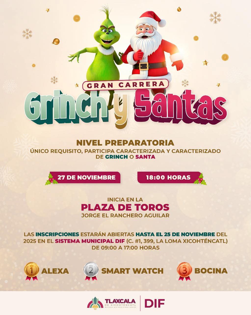 Gobierno de Alfonso Sánchez García abre los festejos navideños con la gran carrera 'Grinch y Santas'
